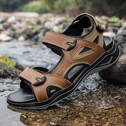 image-Sheng Mi Ke Men's Cowhide Sandals - Brown, Size 48, Velcro
