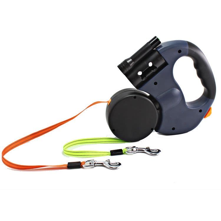 image-Dual Headed Pet Leashes with Flashlight Garbage Bag Box Automatic Retractable Dogs Traction Rope
