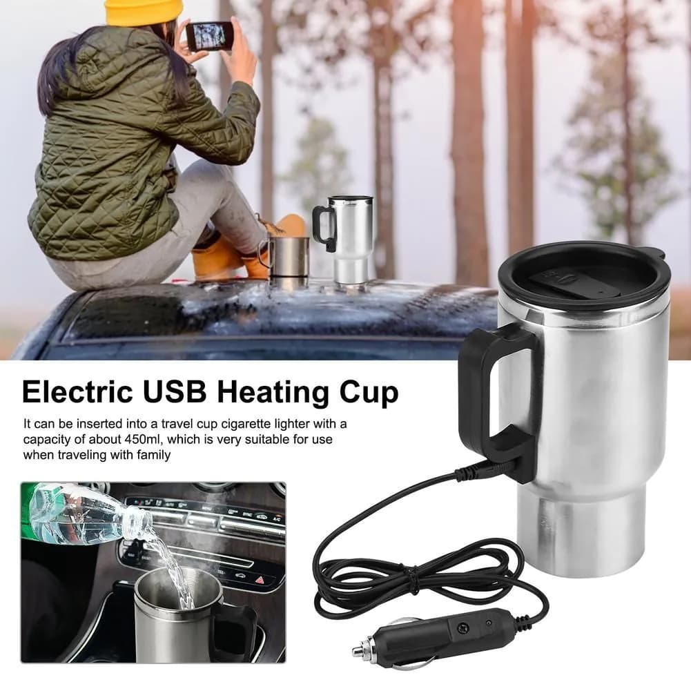 image-Stainless Steel Vehicle Heating Cup Electric Heating Car Kettle Camping Travel Kettle Water Coffee Milk Thermal Mug