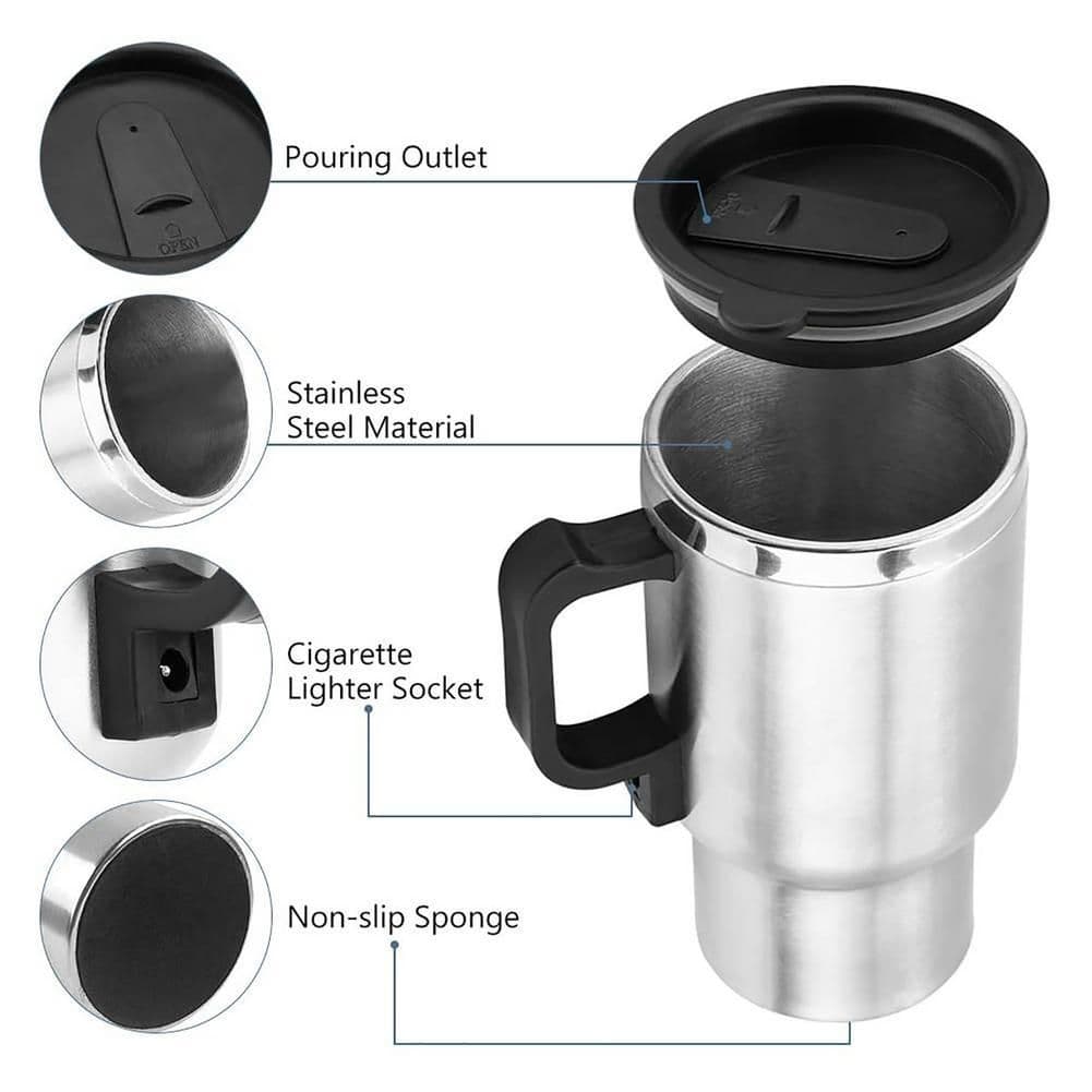 image-Stainless Steel Vehicle Heating Cup Electric Heating Car Kettle Camping Travel Kettle Water Coffee Milk Thermal Mug