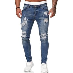 image-Fashion Street Style Ripped Skinny Jeans Men Vintage Wash Solid Denim Trouser Mens Casual Slim Fit Pencil Denim Pants