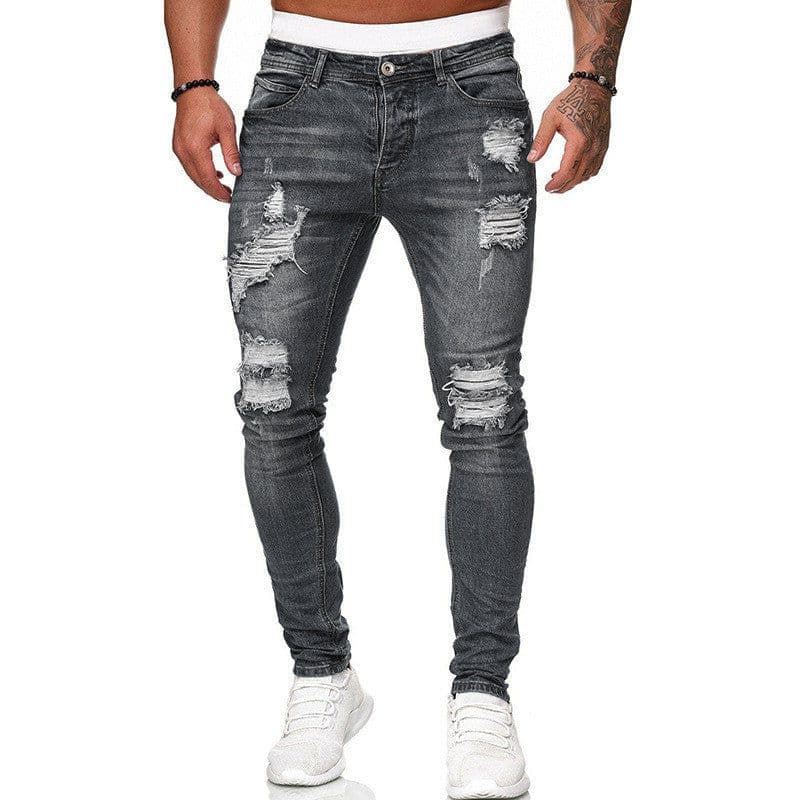 image-Fashion Street Style Ripped Skinny Jeans Men Vintage Wash Solid Denim Trouser Mens Casual Slim Fit Pencil Denim Pants