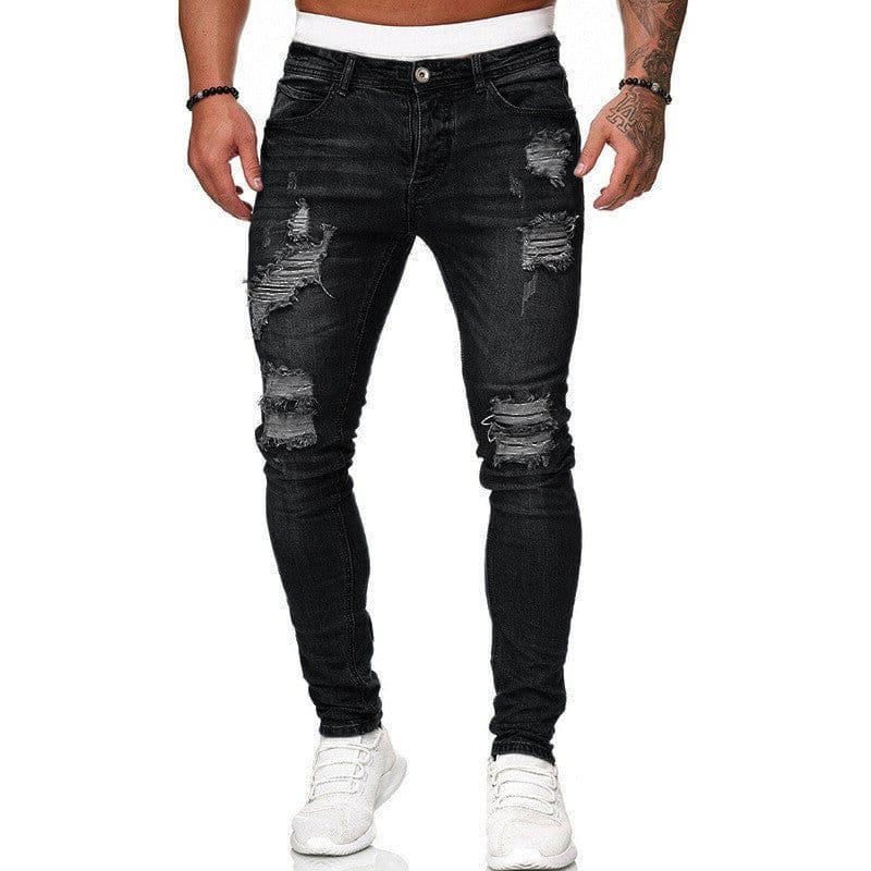 image-Fashion Street Style Ripped Skinny Jeans Men Vintage Wash Solid Denim Trouser Mens Casual Slim Fit Pencil Denim Pants