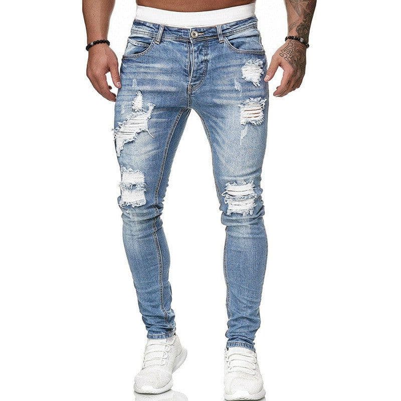 image-Fashion Street Style Ripped Skinny Jeans Men Vintage Wash Solid Denim Trouser Mens Casual Slim Fit Pencil Denim Pants