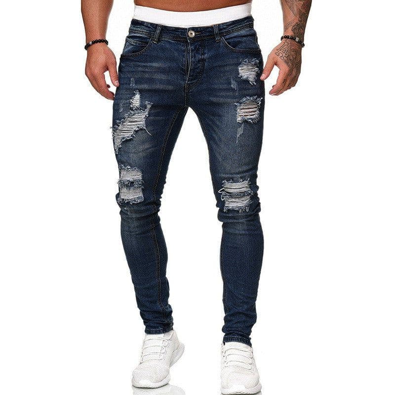 image-Fashion Street Style Ripped Skinny Jeans Men Vintage Wash Solid Denim Trouser Mens Casual Slim Fit Pencil Denim Pants