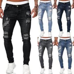 image-Fashion Street Style Ripped Skinny Jeans Men Vintage Wash Solid Denim Trouser Mens Casual Slim Fit Pencil Denim Pants