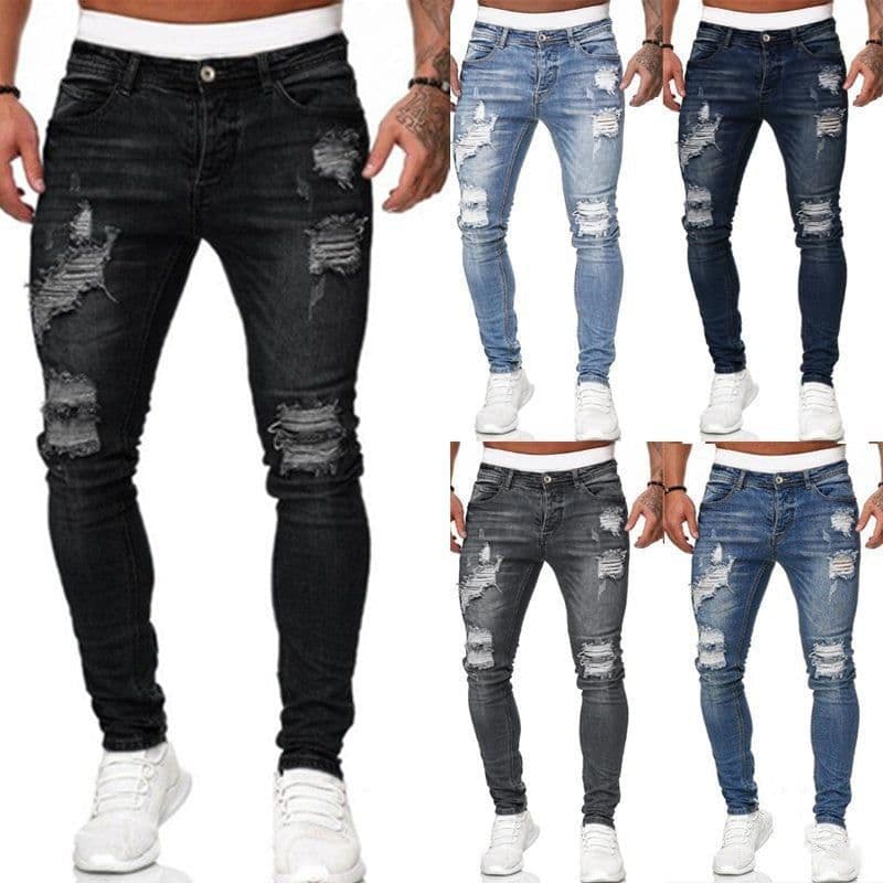 image-Fashion Street Style Ripped Skinny Jeans Men Vintage Wash Solid Denim Trouser Mens Casual Slim Fit Pencil Denim Pants