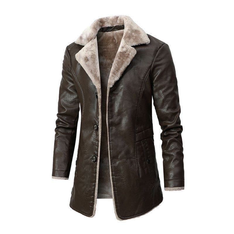 image-Plush Lapel Leather Jacket Winter Warm Fleece Single-breasted Coat For Men Long Clothing