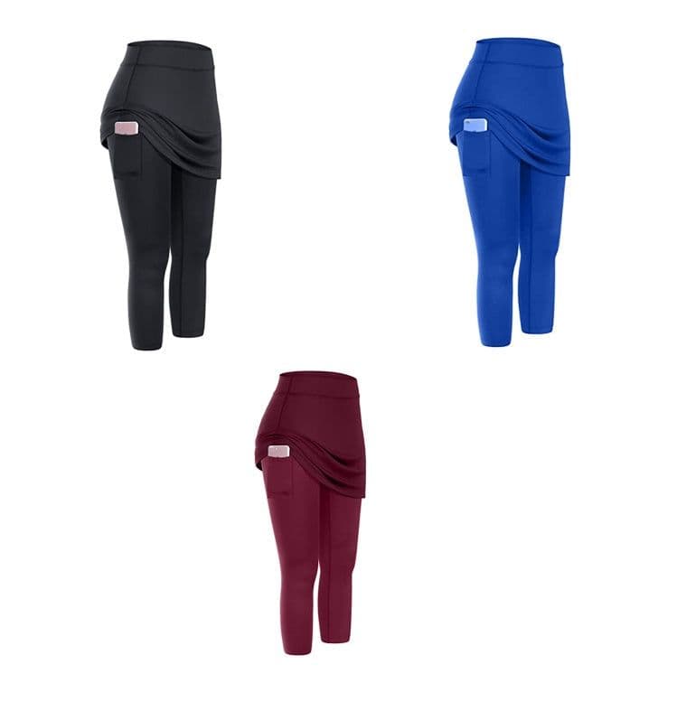 image-Women Tennis Skirted Leggings Pockets Elastic Sports Yoga Capris Skirts Legging