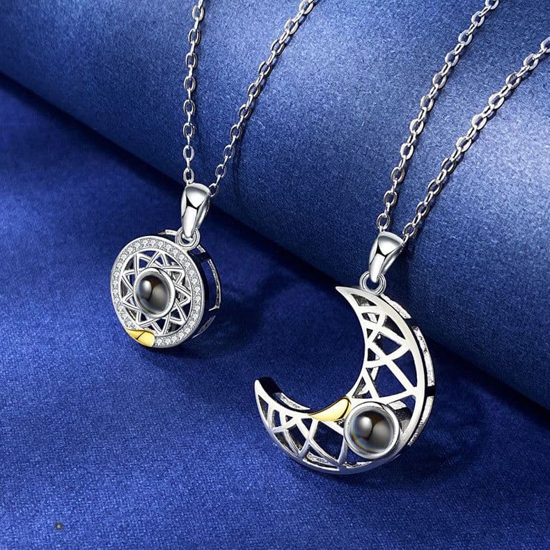 image-Sun Moon Shape Couple Personalized Necklaces Wedding Birthday Jewelry Languages I Love You Projection Pendant Necklace Gifts