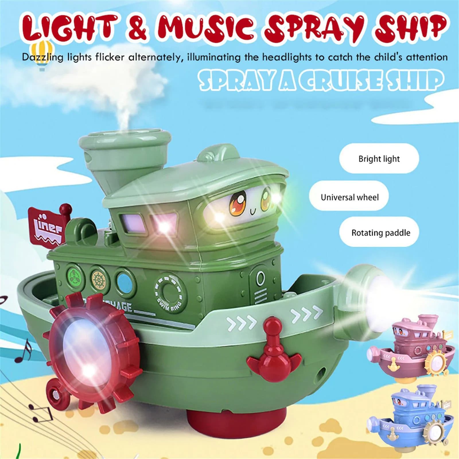 image-Electric Water Rotating Spray Ship Toys Cartoon Boat Funny Baby Bath Toys