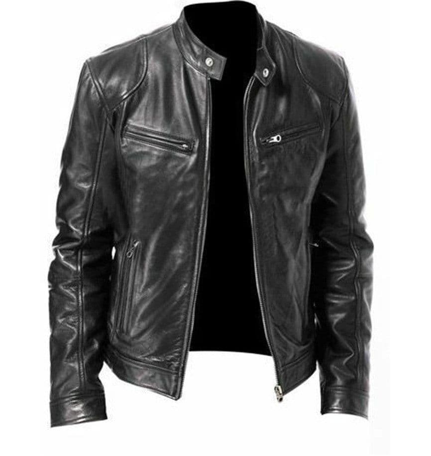 image-Gentleman's Warm Zipper Cardigan Pocket Decorated Pu Leather Coat