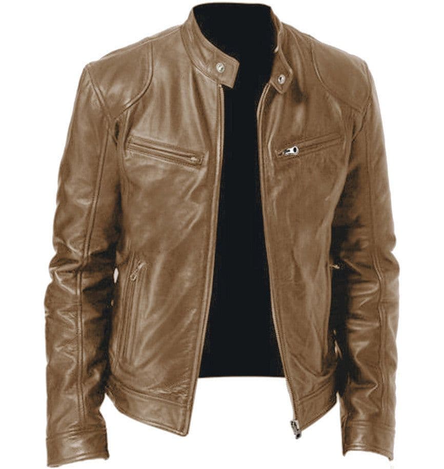 image-Gentleman's Warm Zipper Cardigan Pocket Decorated Pu Leather Coat