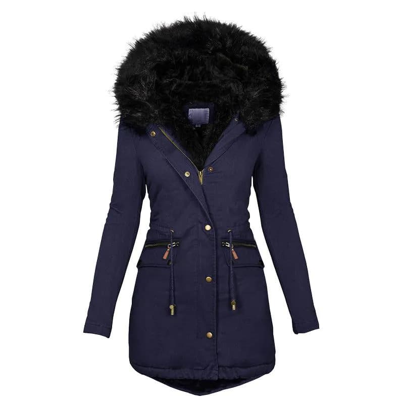 image-Women's Solid Colorfur Collar Hooded Mid-length Warm Cotton Coat