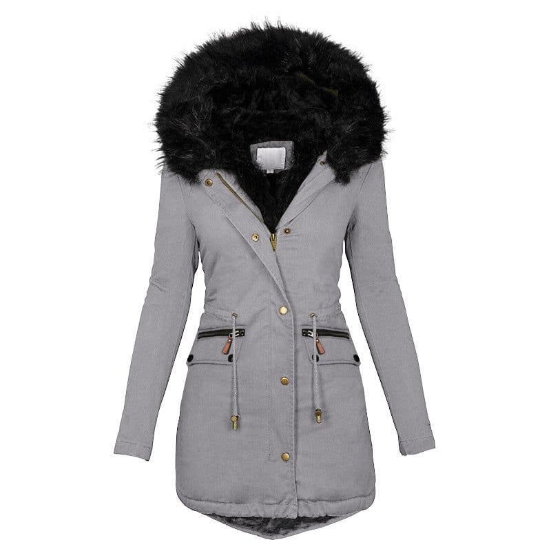 image-Women's Solid Colorfur Collar Hooded Mid-length Warm Cotton Coat