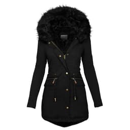 image-Women's Solid Colorfur Collar Hooded Mid-length Warm Cotton Coat