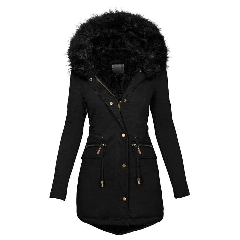 image-Women's Solid Colorfur Collar Hooded Mid-length Warm Cotton Coat