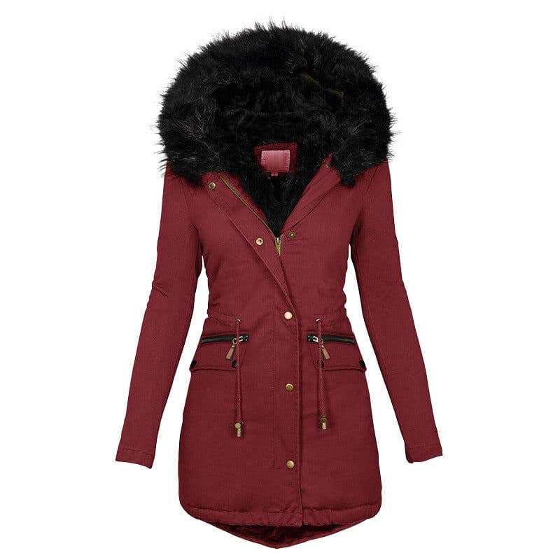 image-Women's Solid Colorfur Collar Hooded Mid-length Warm Cotton Coat