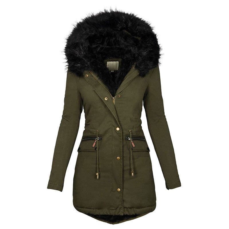 image-Women's Solid Colorfur Collar Hooded Mid-length Warm Cotton Coat