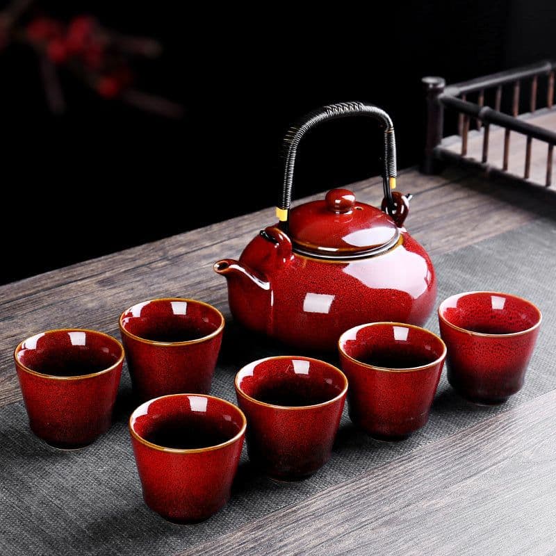 image-Retro Ceramic Large-Capacity Lifting Beam Teapot Kung Fu Tea Cup Set Household Restaurant High Temperature Water Ware Tray