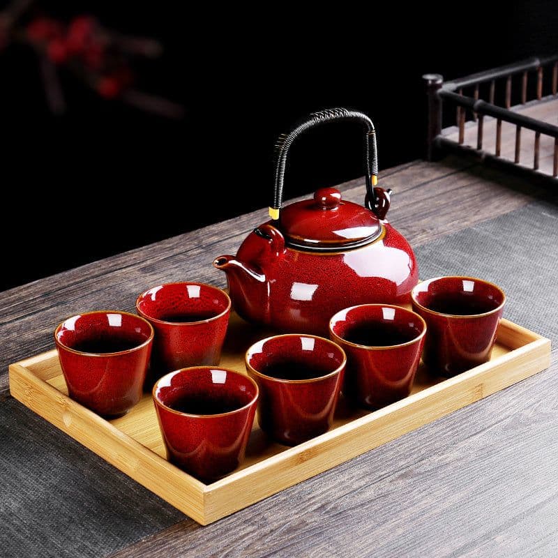 image-Retro Ceramic Large-Capacity Lifting Beam Teapot Kung Fu Tea Cup Set Household Restaurant High Temperature Water Ware Tray