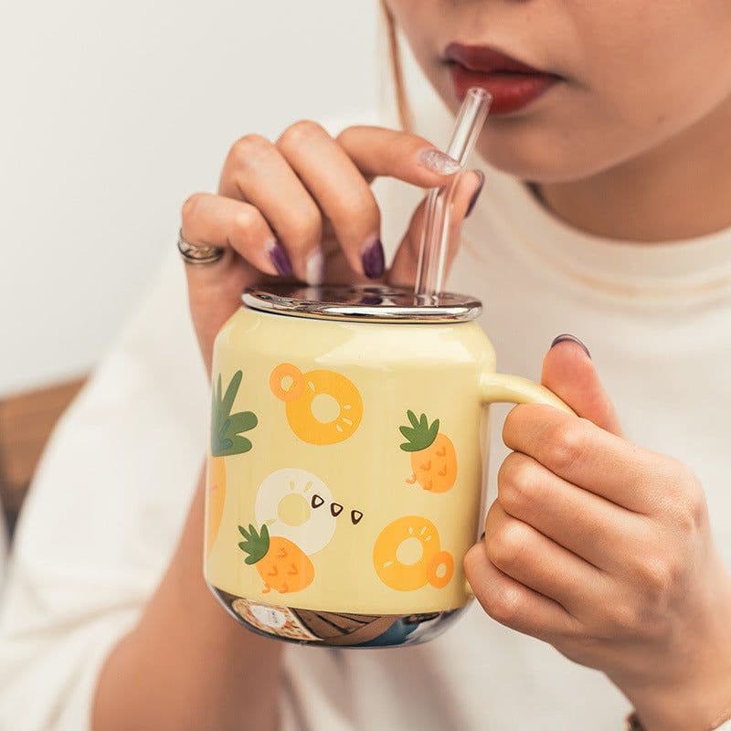 image-Household Water Cup Ins Style Creative Ceramic Cup With Lid Flower Tea Cup