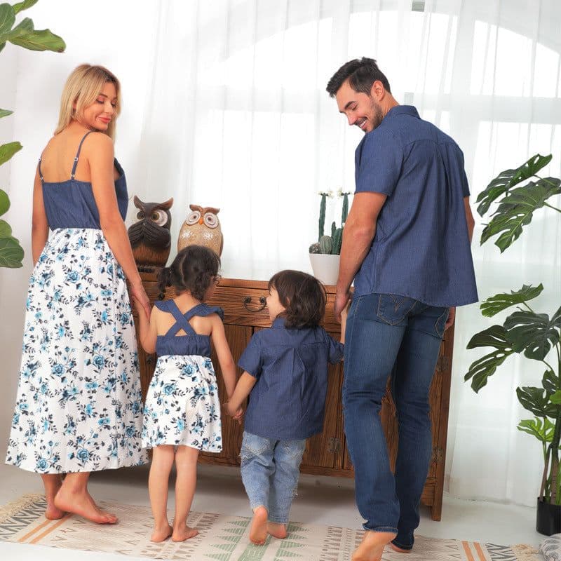 image-Family Matching Family Denim Sling Skirt Baby Girl Mom Dad Boy Boy Shirt Parent-Child