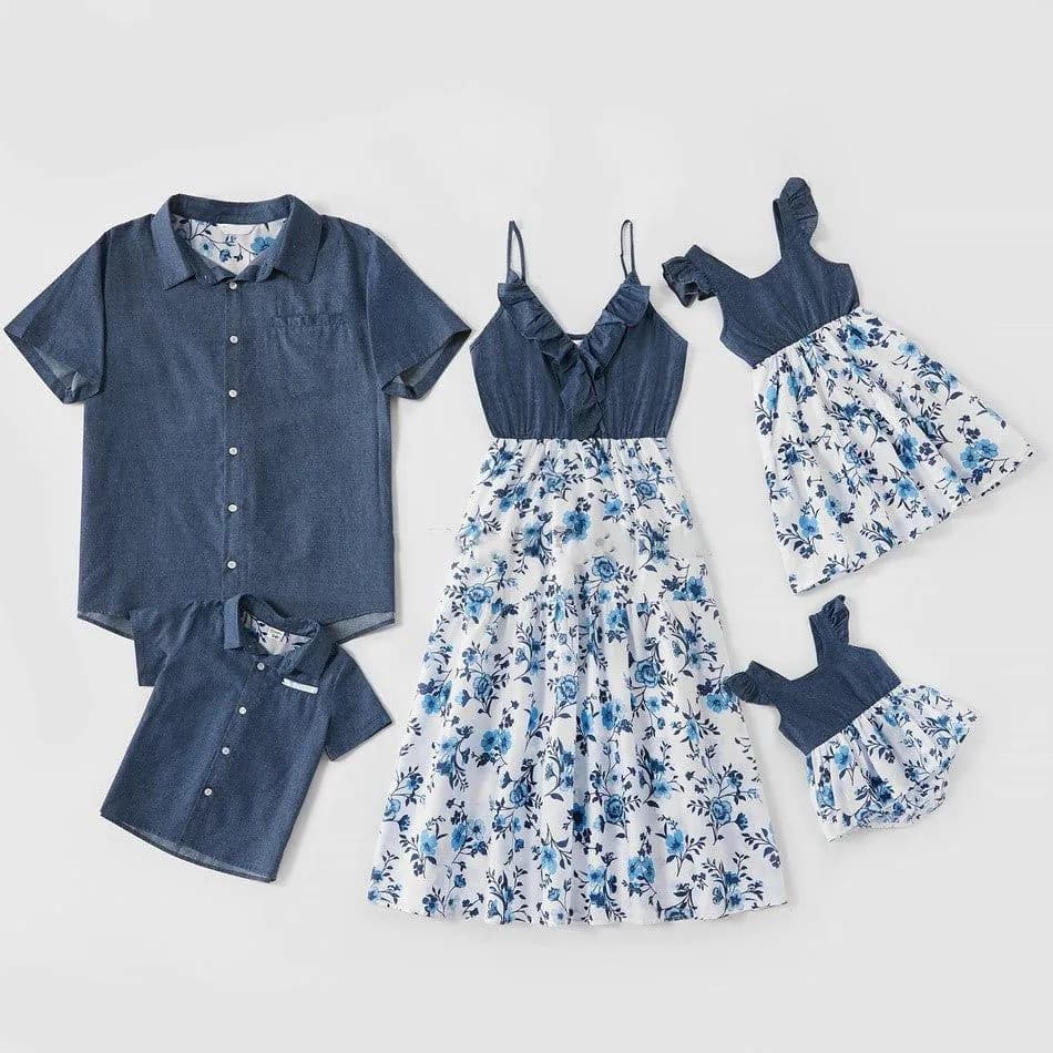 image-Family Matching Family Denim Sling Skirt Baby Girl Mom Dad Boy Boy Shirt Parent-Child