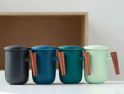 image-Household Tea Cup With Lid Tea Water Separation Filter Cup Creative Wooden Handle Water Cup Ceramic Office Cup