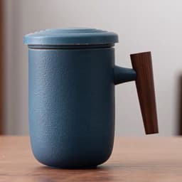 image-Household Tea Cup With Lid Tea Water Separation Filter Cup Creative Wooden Handle Water Cup Ceramic Office Cup