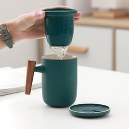 image-Household Tea Cup With Lid Tea Water Separation Filter Cup Creative Wooden Handle Water Cup Ceramic Office Cup