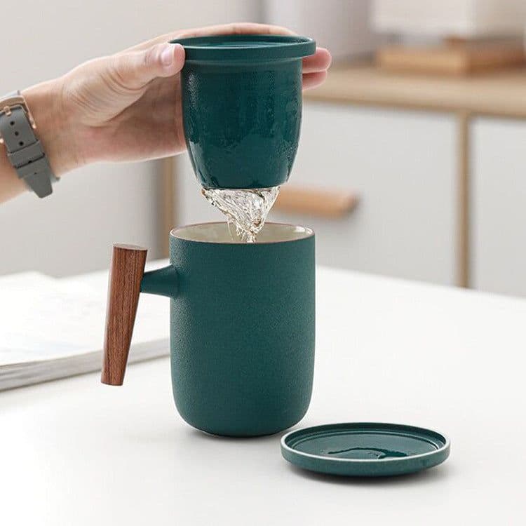 image-Household Tea Cup With Lid Tea Water Separation Filter Cup Creative Wooden Handle Water Cup Ceramic Office Cup