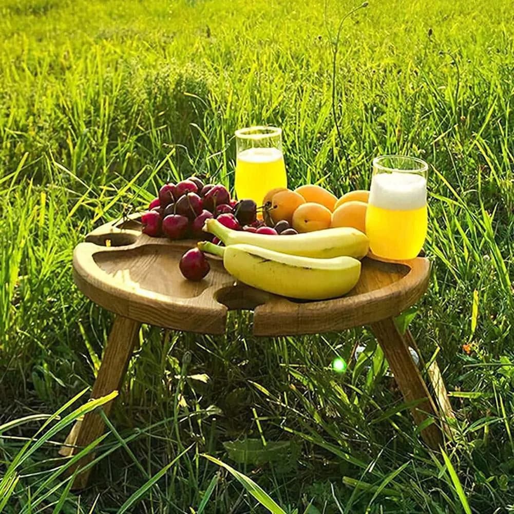 image-Wooden Outdoor Folding Picnic-table With Glass Holder