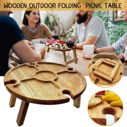 image-Wooden Outdoor Folding Picnic-table With Glass Holder