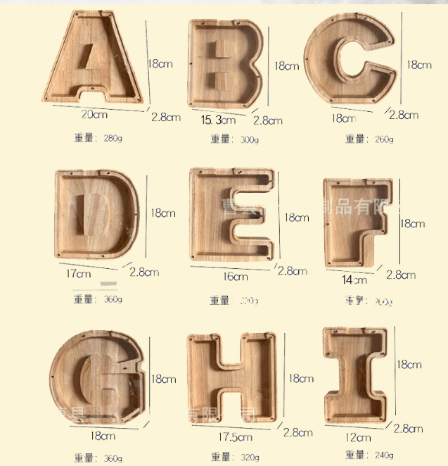 image-Wooden Alphabet Piggy Bank 26 Letters Toy Transparent Acrylic Ornament