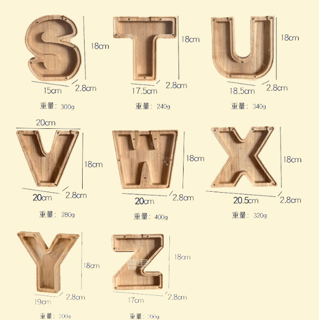 image-Wooden Alphabet Piggy Bank 26 Letters Toy Transparent Acrylic Ornament