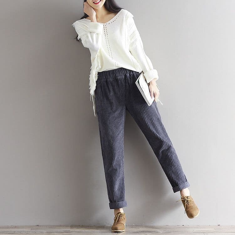 image-Large Size Women's Art Fan Xian Thin Corduroy Pants Autumn And Winter Loose Casual Trousers