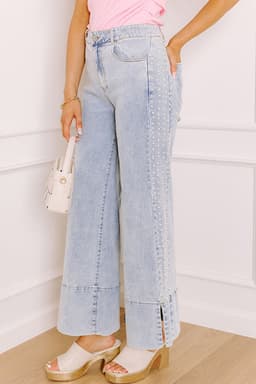 image-Beau Blue Mid Rise Pearl Embellished Split Wide Leg Jeans