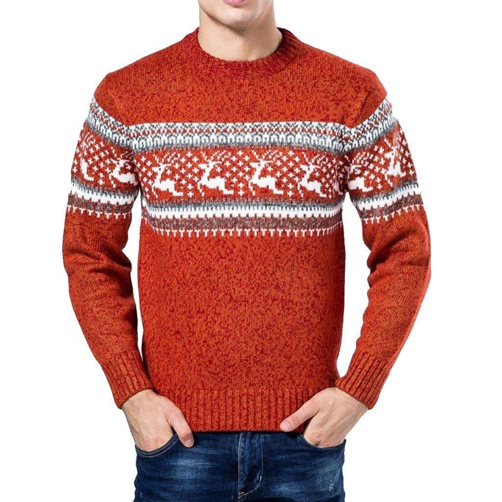 image-2018 Fashion Men's Christmas Sweater Reindeer Snowflakes Print O-Neck