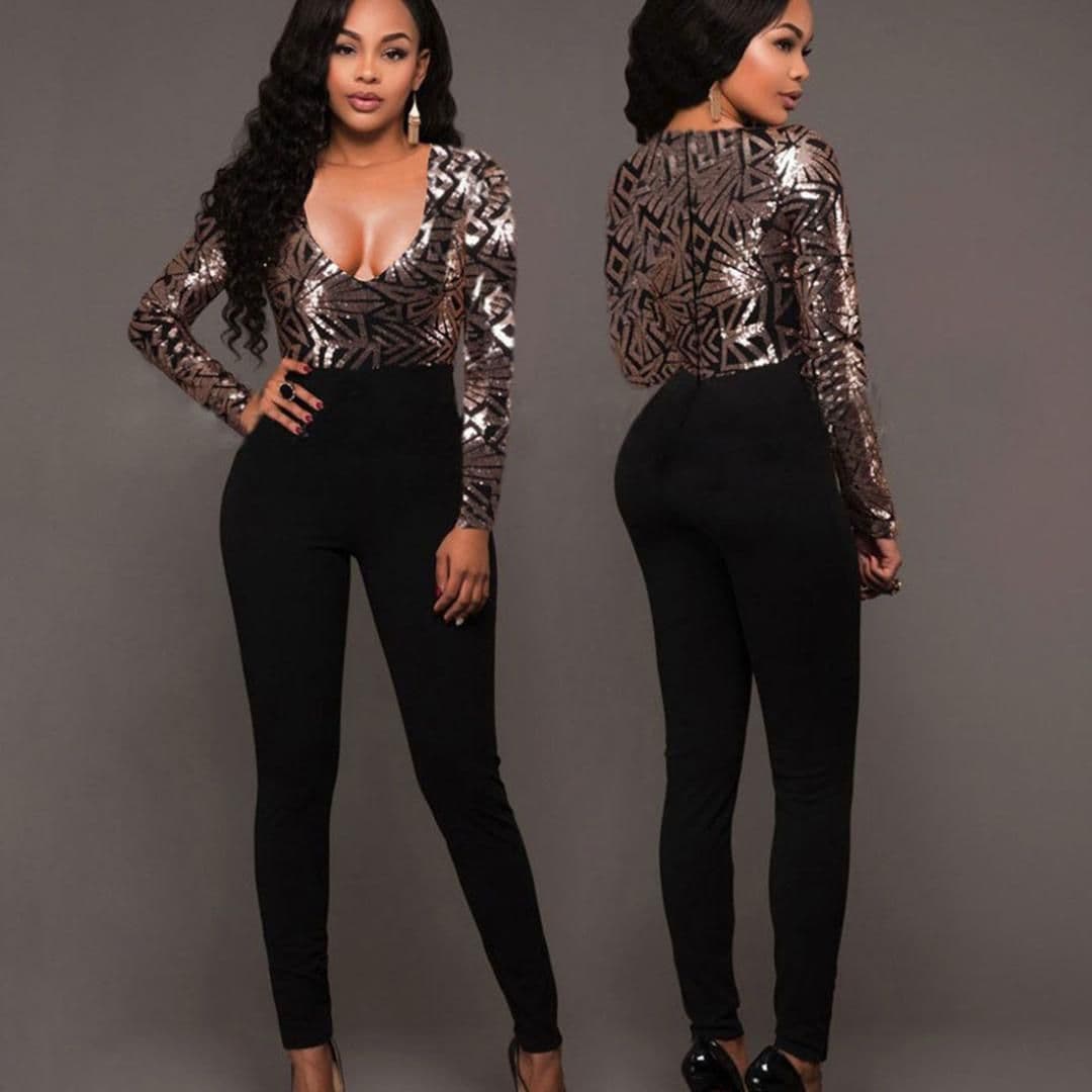 image-Sexy V Neck Jumpsuit Women Long Sleeve Sequin Rompers Jumpsuits Autumn