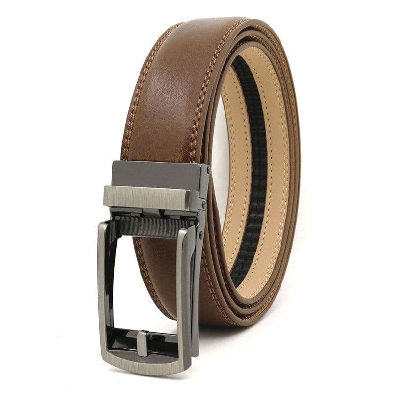 image-Genuine Leather Automatic Buckle Men's Belt - Bright Brown, 120cm