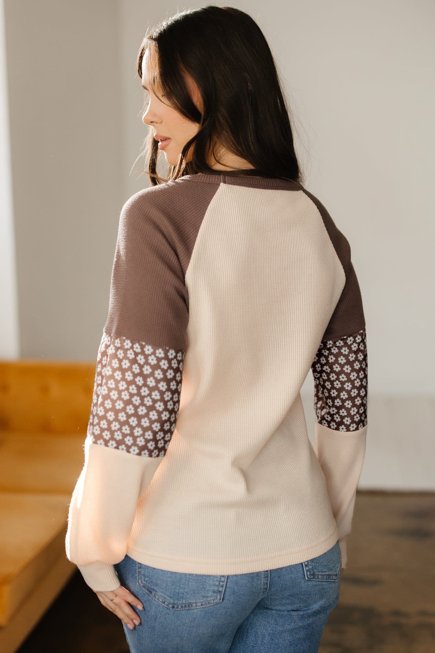 image-Brown Floral Patchwork Long Sleeve Top