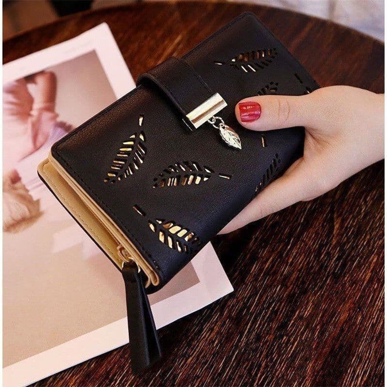 image-Women's Wallet Long PU Leather - Brown Hollow