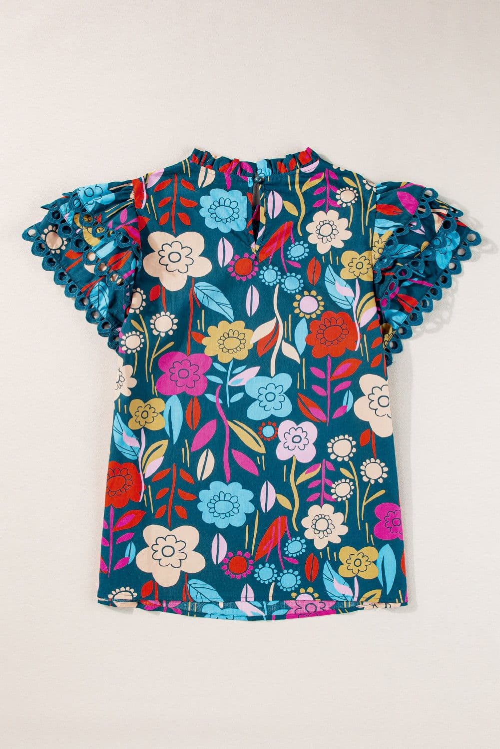 image-Floral Blouse - Green Trimmed Ruffle Sleeves Summer Top - Sizes Available