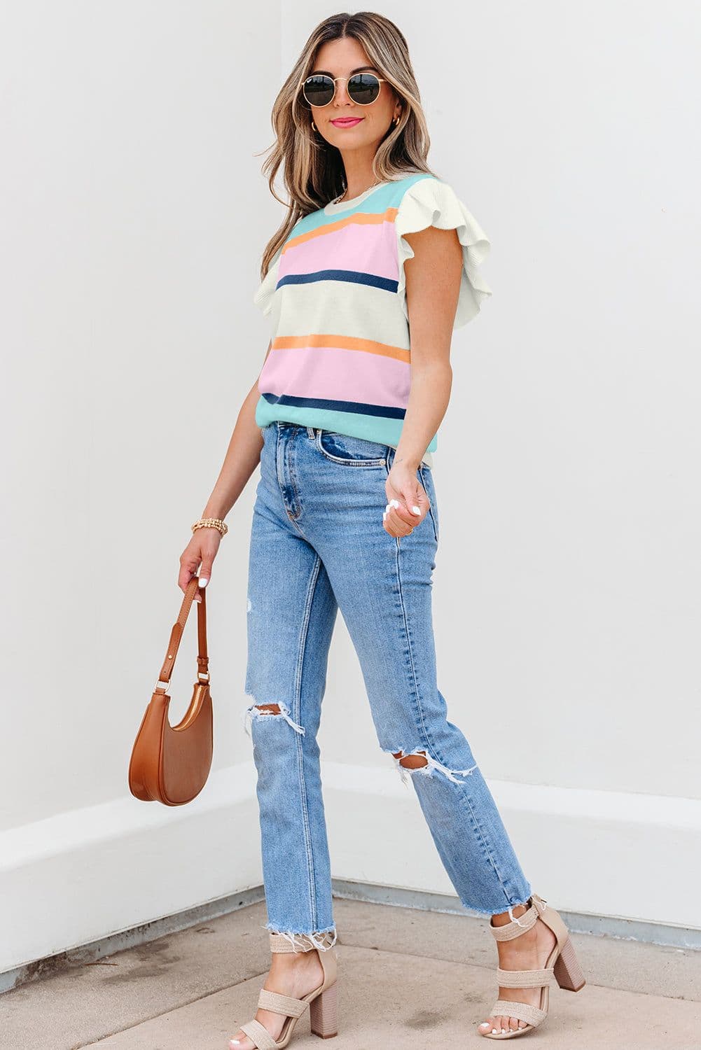 image-Multicolor Striped Flutter Sleeve Sweater Top