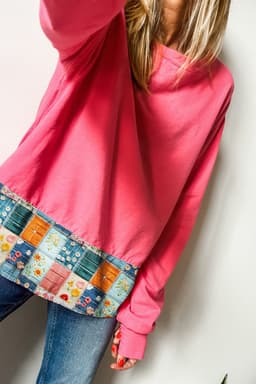 image-Floral Patchwork Round Neck Casual Top - Strawberry Pink