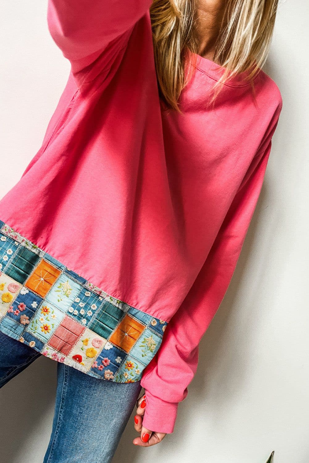 image-Floral Patchwork Round Neck Casual Top - Strawberry Pink