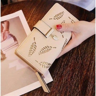 image-Women's Wallet Long PU Leather - Brown Hollow