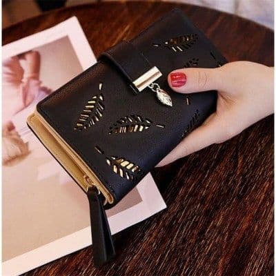 image-Women's Wallet Long PU Leather - Brown Hollow
