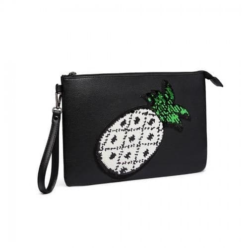 image-LT6822P-MISS LULU MISS LULU PU LEATHER SEQUIN PINEAPPLE CLUTCH BAG BLACK